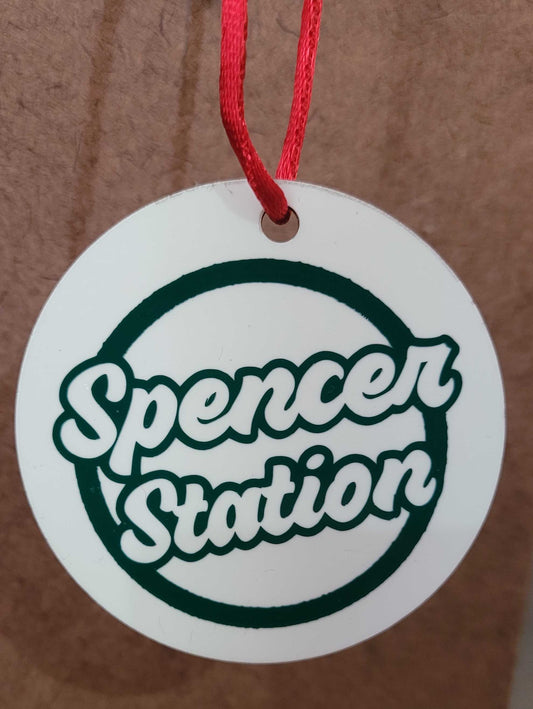 Spencer Station retro logo on round Christmas ornament