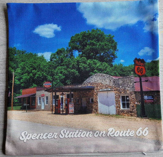 Pillowcase with text "Spencer Station on Route 66" and image of Spencer Station